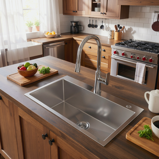 Sunvega 32x19 Inch Overmount Single Bowl Kitchen Sink in Brushed Nickel