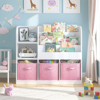 Sunvega Multifunctional 4 Tier Wooden Kids Bookshelf and Toy Storage Organizer with Display Stand