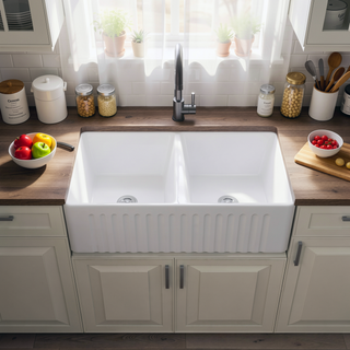 Sunvega Farmhouse Ceramic White Kitchen Double Basin Sink with Sound Dampening