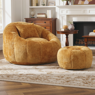 Sunvega Modern Pumpkin Shape Bean Bag Chair with Ottoman for Living Room