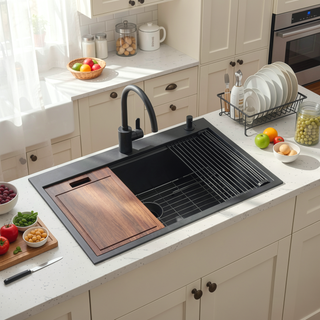 Sunvega 32 Inch Gunmetal Black Workstation Sink with Accessories and Jewelry-Grade PVD Coating