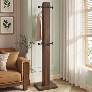 Sunvega Mid-Century Modern Walnut Coat Rack with 8 Black Metal Hooks
