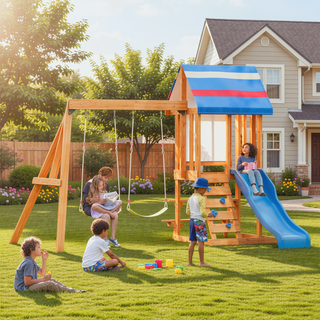 Sunvega Outdoor Wooden Swing Set with Slide, 2 Swings, and Rock Wall Climber