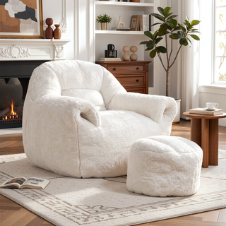 Sunvega Faux Fur Bean Bag Sofa Chair with Back Support and Footstool for Adults