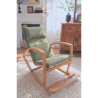 Sunvega Modern Rocking Chair With Wooden Frame And Plush Red Cushion For Living Room