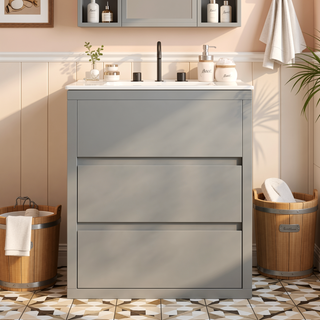 Sunvega Gray Bathroom Vanity with Ceramic Sink and 2 Soft Close Full-Extension Drawers