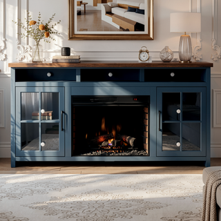 Sunvega Blue Denim and Whiskey Finish Fireplace TV Stand for TVs up to 85 Inches