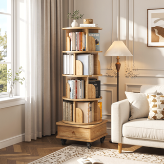 Sunvega 360° Rotating Bookshelf with Wheels and Drawer for Space-Saving Storage