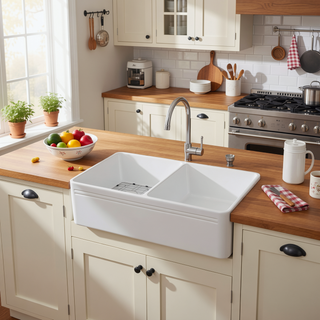 Sunvega 33 Inch White Porcelain Ceramic Farmhouse Kitchen Sink Workstation with Reversible Apron