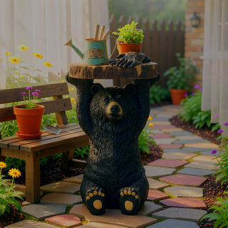 Sunvega Black Bear MGO Pedestal End Table Stool with Faux Wood-Grain Tabletop for Indoor and Outdoor Decor