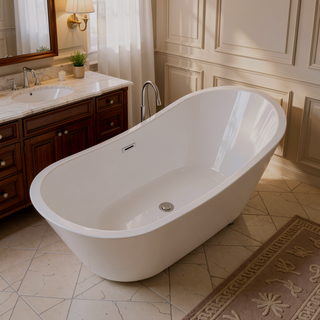 Sunvega 59 Inch Acrylic Freestanding Soaking Tub with Gold Overflow Drain