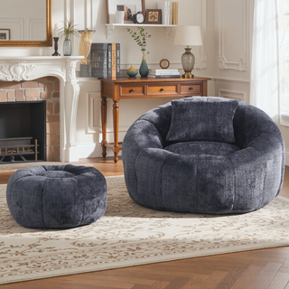 Sunvega Modern Pumpkin Shape Bean Bag Chair with Ottoman for Living Room