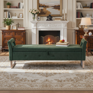Sunvega Green Velvet Storage Soft Bench with Armrests for Living Room and Bedroom