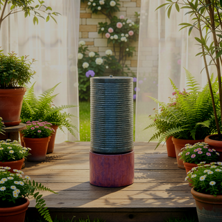 Sunvega Large Concrete Ribbed Water Fountain with Bird Feeder and Modern Industrial Style