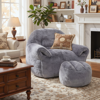 Sunvega Faux Fur Bean Bag Sofa Chair with Back Support and Footstool for Adults