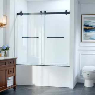 Sunvega 56-60"W x 60"H Frameless Double Sliding Tub Shower Door with Matte Black Finish
