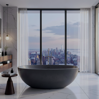 Sunvega Freestanding Matte White Solid Surface Soaking Bathtub for Small Bathrooms