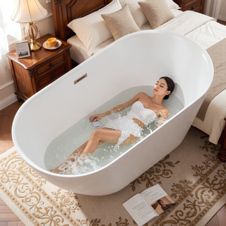 Sunvega 59 Inch Acrylic Freestanding Soaking Tub with Gold Overflow Drain