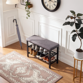 Sunvega 3-Tier Entryway Shoe Rack Bench with Comfortable Linen Cushion and Metal Mesh Shelves