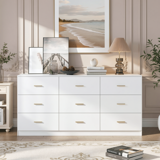 Sunvega Modern Black 9-Drawer Dresser with Golden Handles for Bedroom Storage