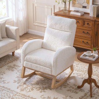 Sunvega Teddy Fabric Rocking Chair With Wood Legs For Living Room And Bedroom