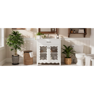 Sunvega Modern 30 Inch Bathroom Vanity with Ceramic Sink and Tempered Glass