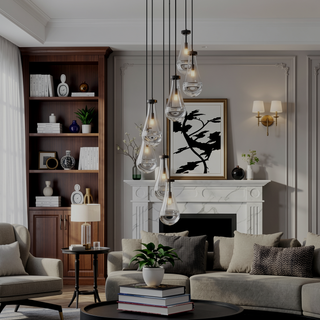 Sunvega Modern Raindrop Cluster Pendant Light with Clear Blown Glass Shade Adjustable Height