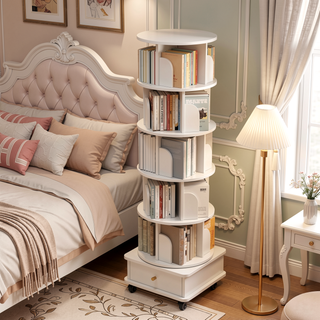 Sunvega 360° Rotating Bookshelf with Wheels and Drawer for Space-Saving Storage