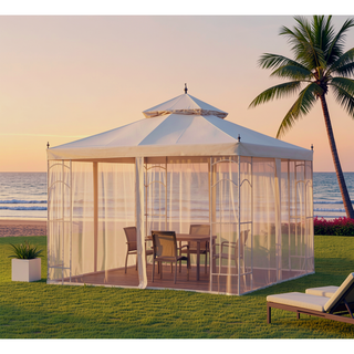 Sunvega Decorative Outdoor Gazebo with Double Canopy and Corner Shelves