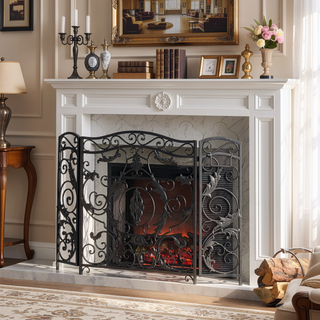 Sunvega Traditional Iron Fireplace Screen with Three-Panel Design and Floral Accents