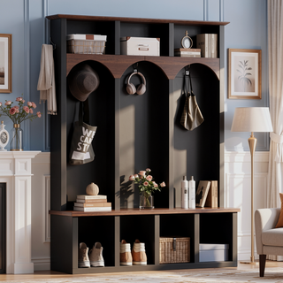 Sunvega Farmhouse Style Arched Entryway Storage Bench with 5 Hooks and 7 Cubbies