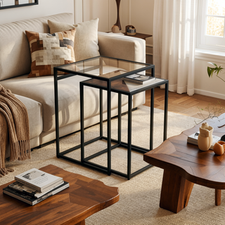 Sunvega Modern Glass & Metal Nesting Table Set with Sleek Frames for Living Room