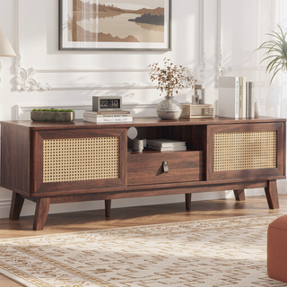 Sunvega Mid Century Modern Rattan TV Stand Media Console with Drawer and Cabinets