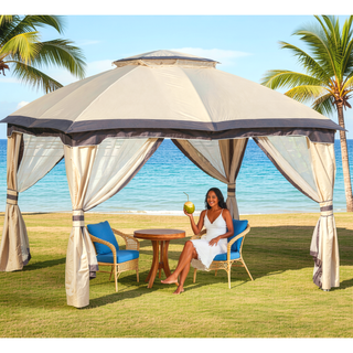 Sunvega Outdoor Canopy Gazebo with Mesh Walls and Double-Tier Roof for Patio