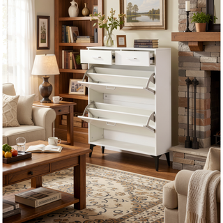Sunvega Large Freestanding Tipping Bucket Shoe Rack Organizer with 2 Flip Drawers and 2 Drawers
