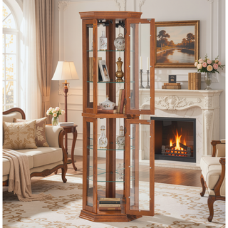 Sunvega Corner Curio Cabinet with LED Lighting and 4 Adjustable Glass Shelves