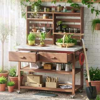 Sunvega Fir Wood Outdoor Potting Bench with Stainless Steel Top and Lockable Wheels