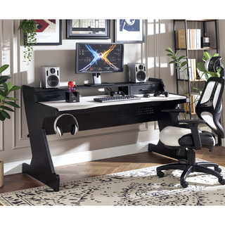 Sunvega Black and White Gaming Desk with Two Storage Drawers and Open Compartment