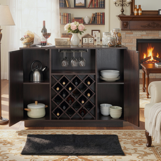 Sunvega Espresso Wooden Frame Wine Cabinet with Stemware Rack and Doors