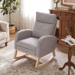 Sunvega Teddy Fabric Rocking Chair With Wood Legs For Living Room And Bedroom