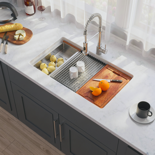 Sunvega 33 Inch White Porcelain Ceramic Farmhouse Kitchen Sink Workstation with Reversible Apron