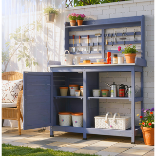Sunvega Wooden Potting Bench with Storage Sink Water Tap for Patio Lawn Yard Garden