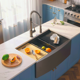 Sunvega 33x22 Inch Gunmetal Black Farmhouse Workstation Kitchen Sink With Faucet