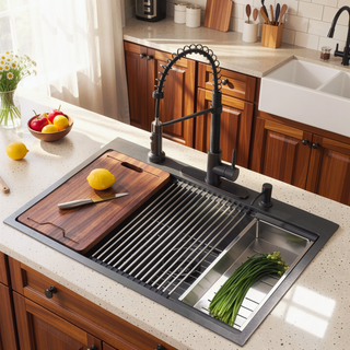 Sunvega 32 Inch Gunmetal Black Workstation Sink with Accessories and Jewelry-Grade PVD Coating