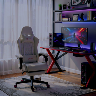 Sunvega High Back PU Leather Gaming Chair with Swivel Wheels Retractable Footrest