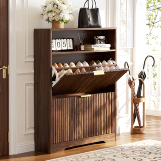 Sunvega Tall Modern Minimalist Shoe Cabinet with Two Flip Drawers and Wave-Patterned Panel