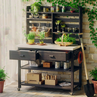 Sunvega Fir Wood Outdoor Potting Bench with Stainless Steel Top and Lockable Wheels