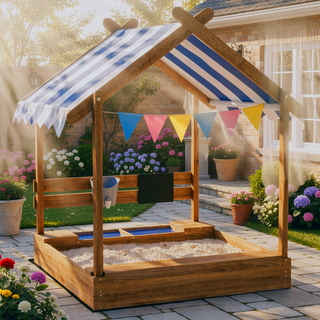 Sunvega Wooden Sandbox with Canopy House Design and Play Set for Kids