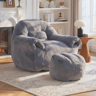 Sunvega Faux Fur Bean Bag Sofa Chair with Back Support and Footstool for Adults