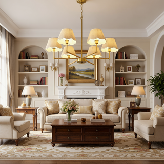 Sunvega Gold Finish 6-Light Rope and Fabric Shade Chandelier Pendant Lamp